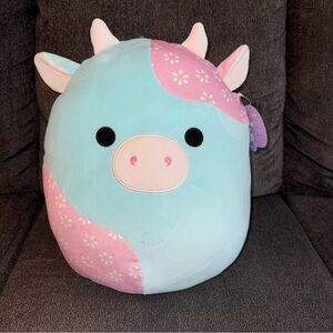NWT-Squishmallows “Yamato’s” Plush Cow Pillow - Blue and Pink w/Daisy Print 16”